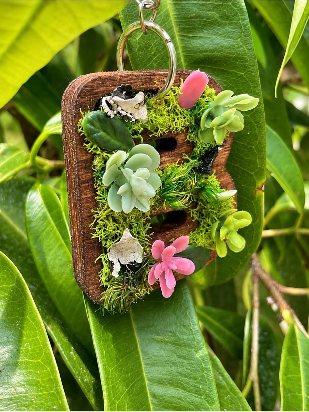 Handmade A-Shaped Moss Keychain with Pink and Green Succulents
